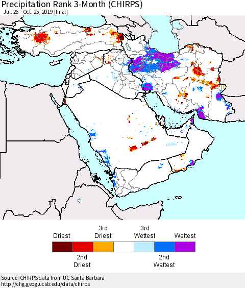 Middle East and Turkey Precipitation Rank since 1981, 3-Month (CHIRPS) Thematic Map For 7/26/2019 - 10/25/2019