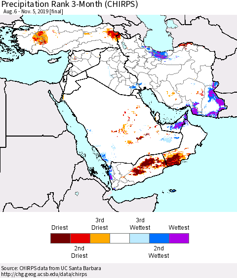 Middle East and Turkey Precipitation Rank since 1981, 3-Month (CHIRPS) Thematic Map For 8/6/2019 - 11/5/2019