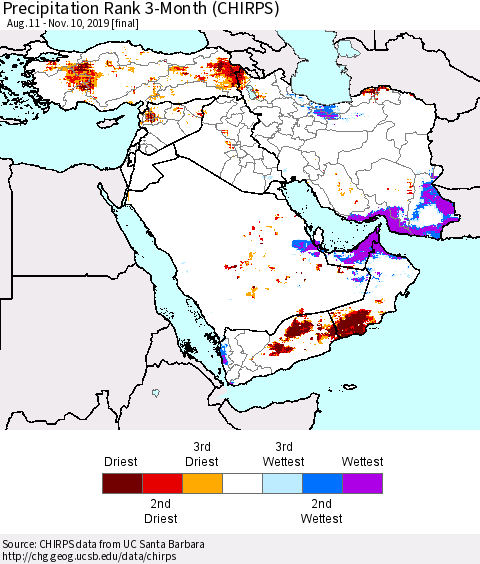Middle East and Turkey Precipitation Rank since 1981, 3-Month (CHIRPS) Thematic Map For 8/11/2019 - 11/10/2019