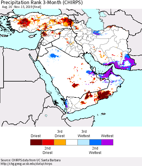 Middle East and Turkey Precipitation Rank since 1981, 3-Month (CHIRPS) Thematic Map For 8/16/2019 - 11/15/2019