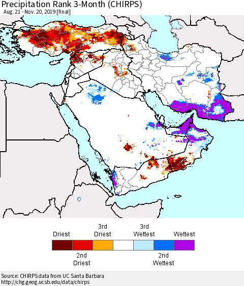Middle East and Turkey Precipitation Rank since 1981, 3-Month (CHIRPS) Thematic Map For 8/21/2019 - 11/20/2019