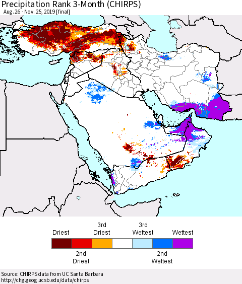 Middle East and Turkey Precipitation Rank since 1981, 3-Month (CHIRPS) Thematic Map For 8/26/2019 - 11/25/2019