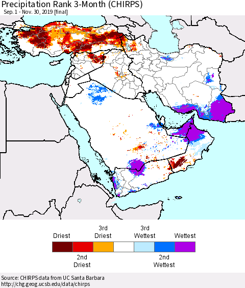 Middle East and Turkey Precipitation Rank since 1981, 3-Month (CHIRPS) Thematic Map For 9/1/2019 - 11/30/2019