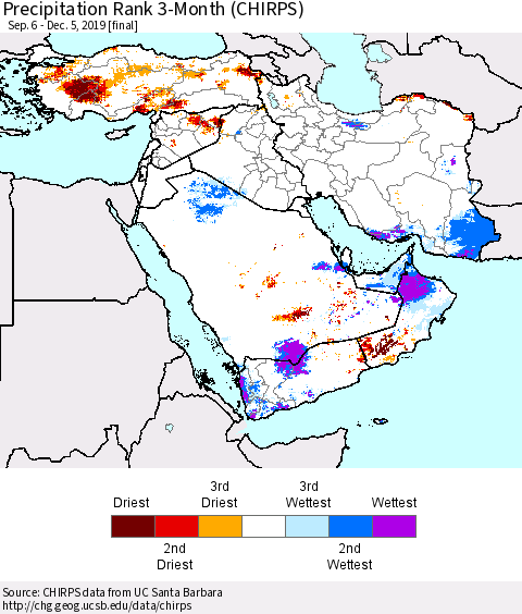 Middle East and Turkey Precipitation Rank since 1981, 3-Month (CHIRPS) Thematic Map For 9/6/2019 - 12/5/2019