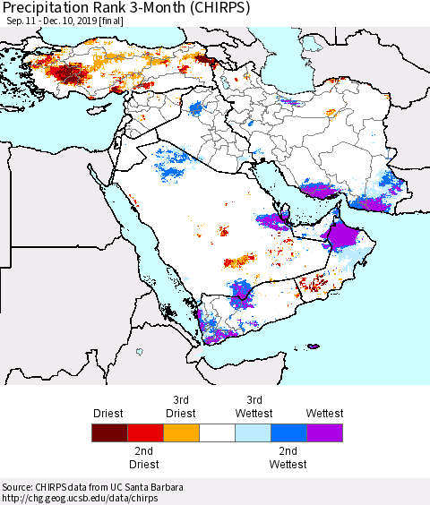 Middle East and Turkey Precipitation Rank since 1981, 3-Month (CHIRPS) Thematic Map For 9/11/2019 - 12/10/2019