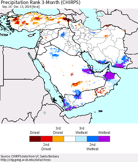 Middle East and Turkey Precipitation Rank since 1981, 3-Month (CHIRPS) Thematic Map For 9/16/2019 - 12/15/2019