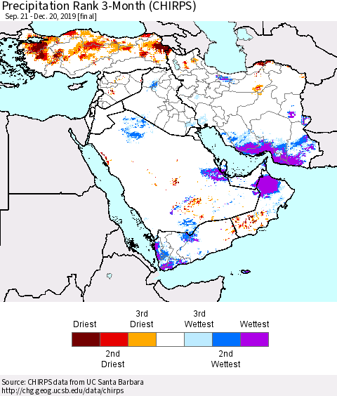 Middle East and Turkey Precipitation Rank since 1981, 3-Month (CHIRPS) Thematic Map For 9/21/2019 - 12/20/2019
