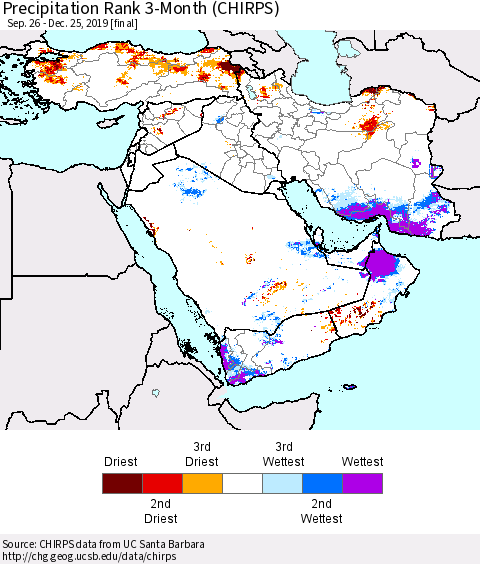 Middle East and Turkey Precipitation Rank since 1981, 3-Month (CHIRPS) Thematic Map For 9/26/2019 - 12/25/2019