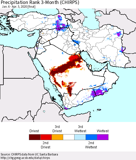 Middle East and Turkey Precipitation Rank since 1981, 3-Month (CHIRPS) Thematic Map For 1/6/2020 - 4/5/2020