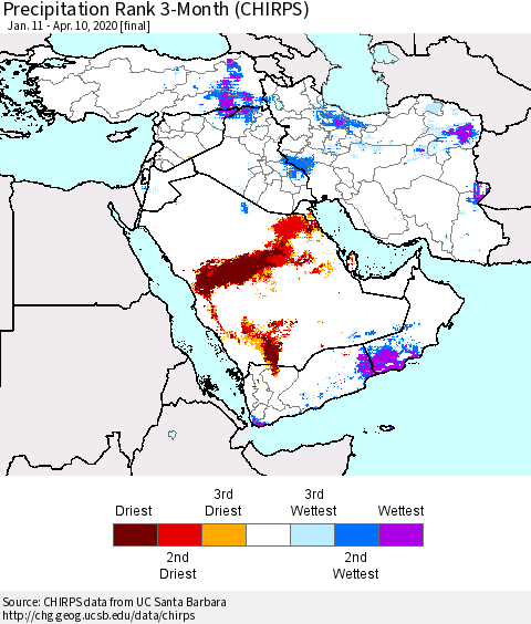 Middle East and Turkey Precipitation Rank since 1981, 3-Month (CHIRPS) Thematic Map For 1/11/2020 - 4/10/2020