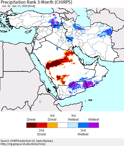 Middle East and Turkey Precipitation Rank since 1981, 3-Month (CHIRPS) Thematic Map For 1/16/2020 - 4/15/2020
