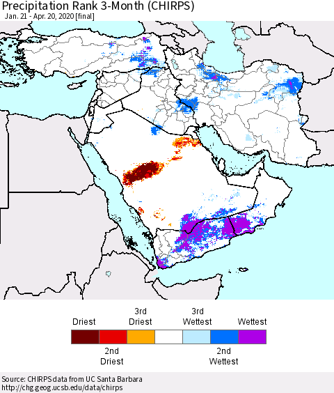 Middle East and Turkey Precipitation Rank since 1981, 3-Month (CHIRPS) Thematic Map For 1/21/2020 - 4/20/2020
