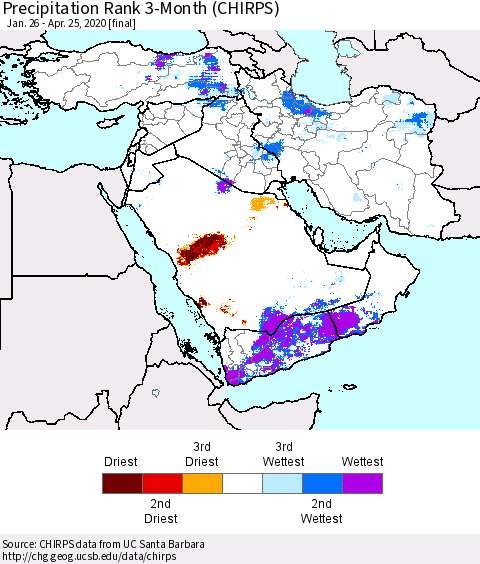 Middle East and Turkey Precipitation Rank since 1981, 3-Month (CHIRPS) Thematic Map For 1/26/2020 - 4/25/2020