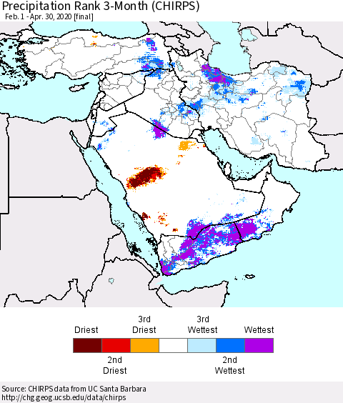Middle East and Turkey Precipitation Rank since 1981, 3-Month (CHIRPS) Thematic Map For 2/1/2020 - 4/30/2020