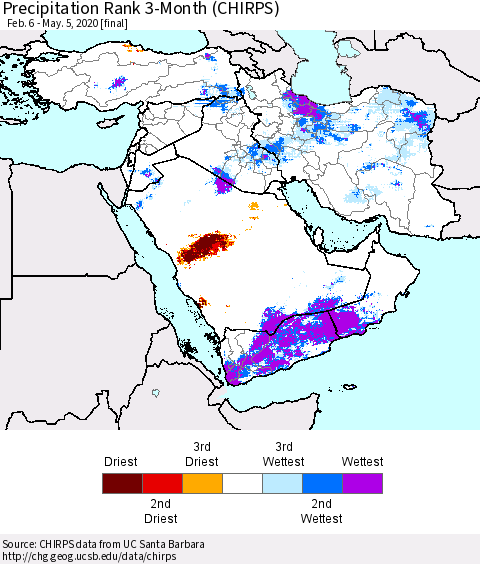 Middle East and Turkey Precipitation Rank since 1981, 3-Month (CHIRPS) Thematic Map For 2/6/2020 - 5/5/2020