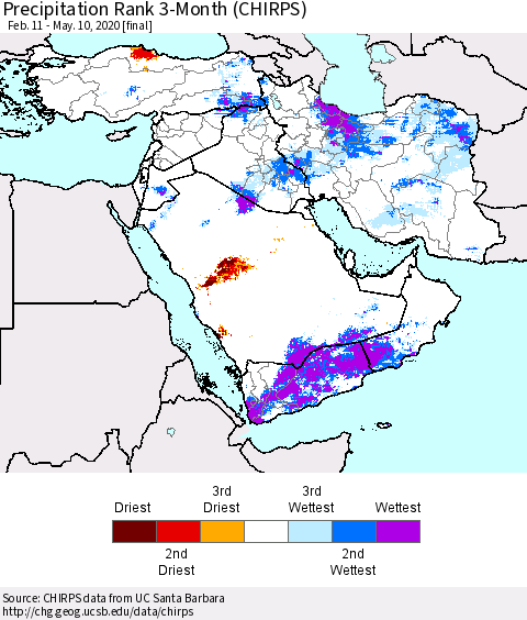 Middle East and Turkey Precipitation Rank since 1981, 3-Month (CHIRPS) Thematic Map For 2/11/2020 - 5/10/2020