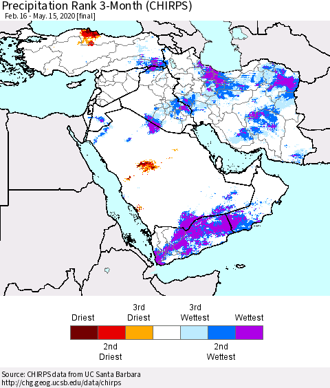 Middle East and Turkey Precipitation Rank since 1981, 3-Month (CHIRPS) Thematic Map For 2/16/2020 - 5/15/2020