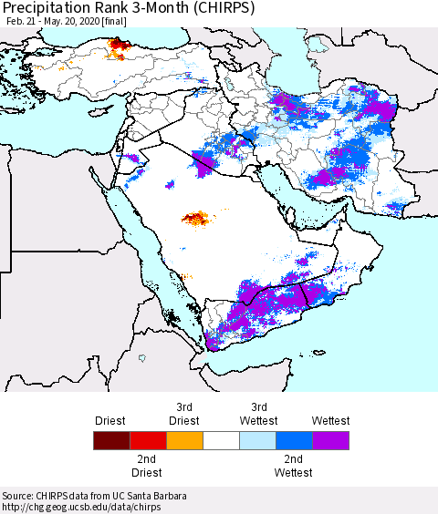 Middle East and Turkey Precipitation Rank since 1981, 3-Month (CHIRPS) Thematic Map For 2/21/2020 - 5/20/2020