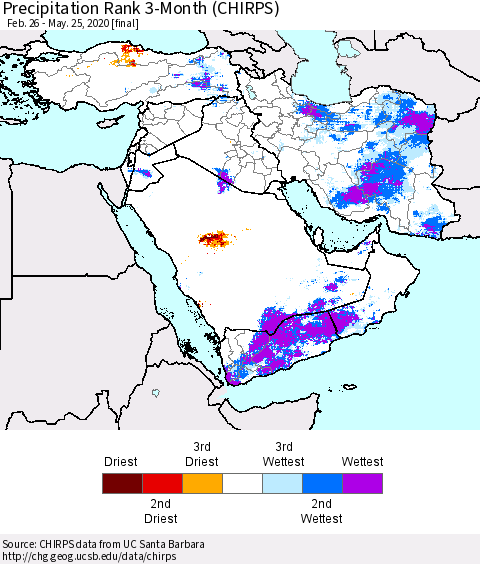 Middle East and Turkey Precipitation Rank since 1981, 3-Month (CHIRPS) Thematic Map For 2/26/2020 - 5/25/2020