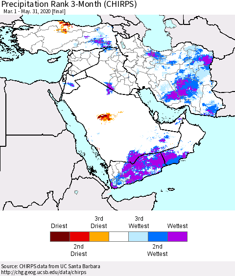 Middle East and Turkey Precipitation Rank since 1981, 3-Month (CHIRPS) Thematic Map For 3/1/2020 - 5/31/2020