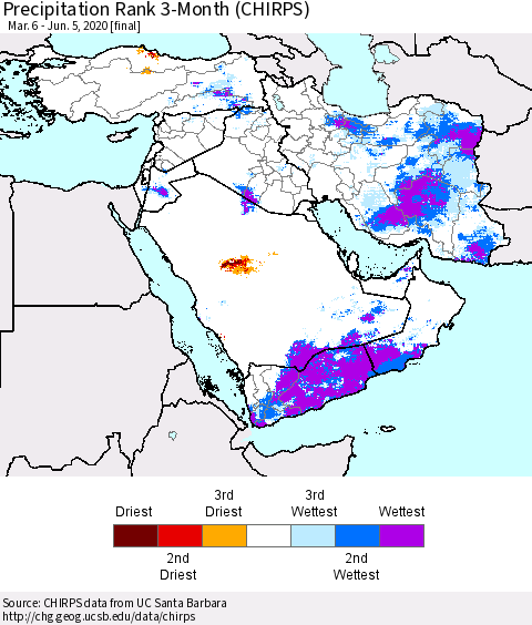 Middle East and Turkey Precipitation Rank since 1981, 3-Month (CHIRPS) Thematic Map For 3/6/2020 - 6/5/2020