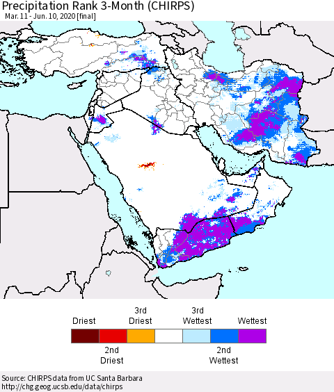 Middle East and Turkey Precipitation Rank since 1981, 3-Month (CHIRPS) Thematic Map For 3/11/2020 - 6/10/2020