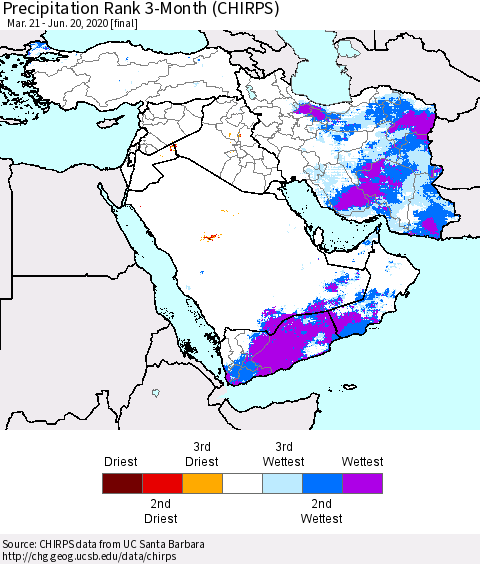 Middle East and Turkey Precipitation Rank since 1981, 3-Month (CHIRPS) Thematic Map For 3/21/2020 - 6/20/2020