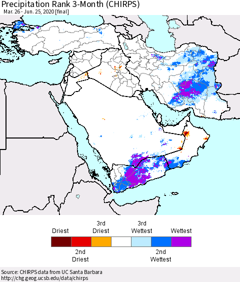 Middle East and Turkey Precipitation Rank since 1981, 3-Month (CHIRPS) Thematic Map For 3/26/2020 - 6/25/2020
