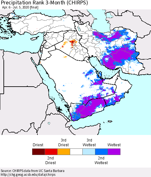 Middle East and Turkey Precipitation Rank since 1981, 3-Month (CHIRPS) Thematic Map For 4/6/2020 - 7/5/2020