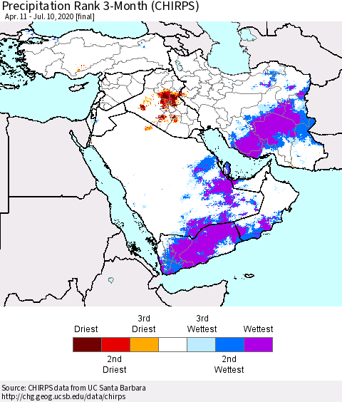 Middle East and Turkey Precipitation Rank since 1981, 3-Month (CHIRPS) Thematic Map For 4/11/2020 - 7/10/2020