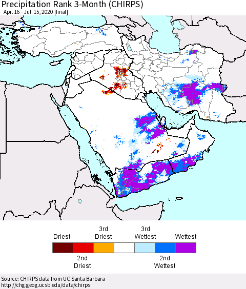 Middle East and Turkey Precipitation Rank since 1981, 3-Month (CHIRPS) Thematic Map For 4/16/2020 - 7/15/2020