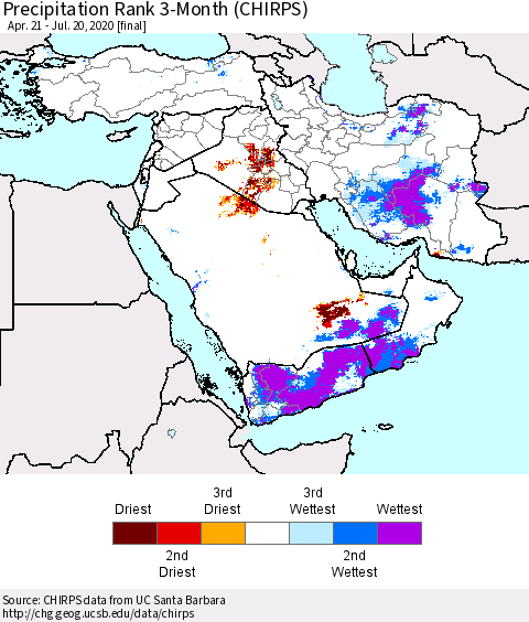 Middle East and Turkey Precipitation Rank since 1981, 3-Month (CHIRPS) Thematic Map For 4/21/2020 - 7/20/2020