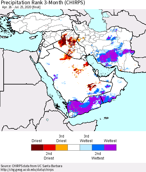 Middle East and Turkey Precipitation Rank since 1981, 3-Month (CHIRPS) Thematic Map For 4/26/2020 - 7/25/2020