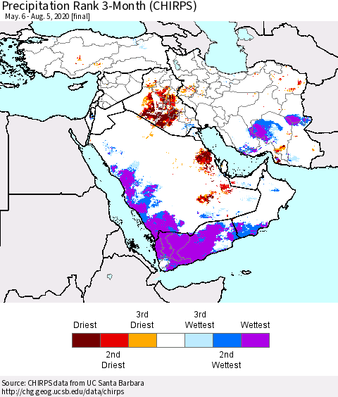 Middle East and Turkey Precipitation Rank since 1981, 3-Month (CHIRPS) Thematic Map For 5/6/2020 - 8/5/2020
