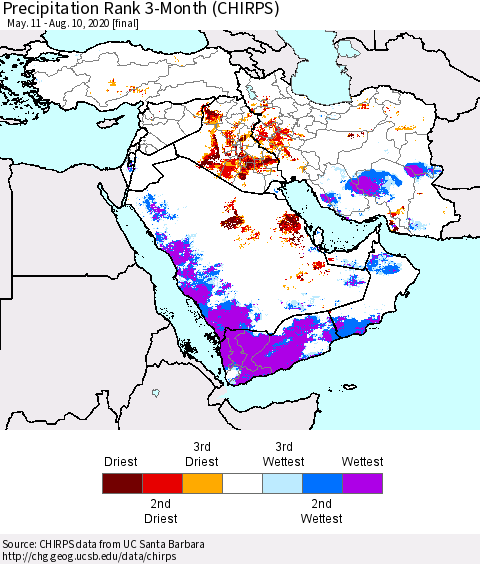 Middle East and Turkey Precipitation Rank since 1981, 3-Month (CHIRPS) Thematic Map For 5/11/2020 - 8/10/2020