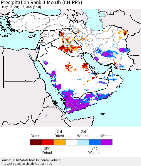 Middle East and Turkey Precipitation Rank since 1981, 3-Month (CHIRPS) Thematic Map For 5/16/2020 - 8/15/2020
