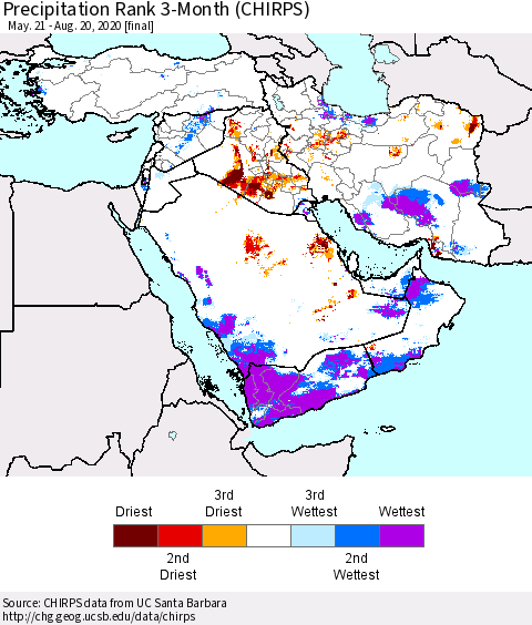 Middle East and Turkey Precipitation Rank since 1981, 3-Month (CHIRPS) Thematic Map For 5/21/2020 - 8/20/2020