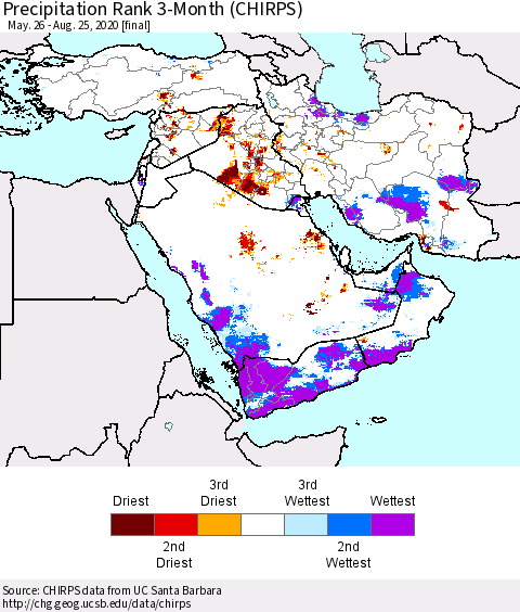 Middle East and Turkey Precipitation Rank since 1981, 3-Month (CHIRPS) Thematic Map For 5/26/2020 - 8/25/2020