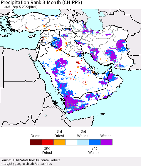 Middle East and Turkey Precipitation Rank since 1981, 3-Month (CHIRPS) Thematic Map For 6/6/2020 - 9/5/2020