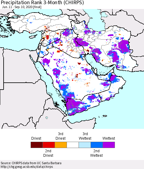 Middle East and Turkey Precipitation Rank since 1981, 3-Month (CHIRPS) Thematic Map For 6/11/2020 - 9/10/2020