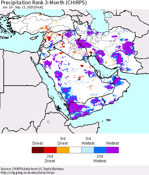 Middle East and Turkey Precipitation Rank since 1981, 3-Month (CHIRPS) Thematic Map For 6/16/2020 - 9/15/2020