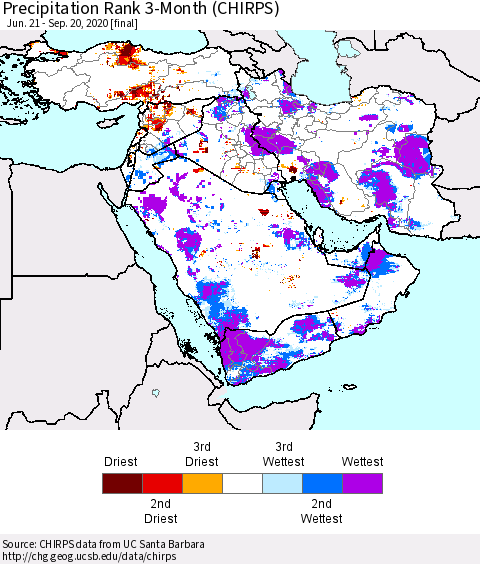 Middle East and Turkey Precipitation Rank since 1981, 3-Month (CHIRPS) Thematic Map For 6/21/2020 - 9/20/2020