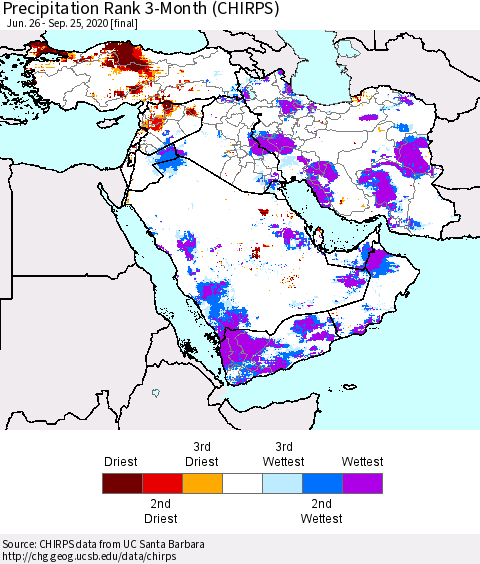 Middle East and Turkey Precipitation Rank since 1981, 3-Month (CHIRPS) Thematic Map For 6/26/2020 - 9/25/2020