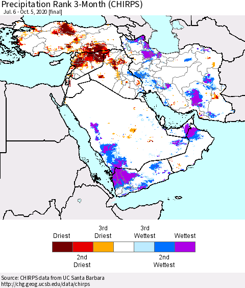 Middle East and Turkey Precipitation Rank since 1981, 3-Month (CHIRPS) Thematic Map For 7/6/2020 - 10/5/2020