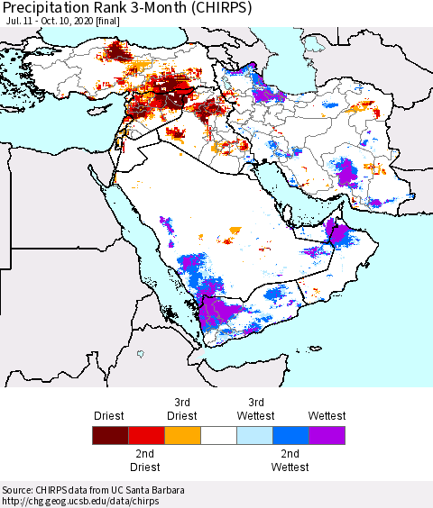 Middle East and Turkey Precipitation Rank since 1981, 3-Month (CHIRPS) Thematic Map For 7/11/2020 - 10/10/2020