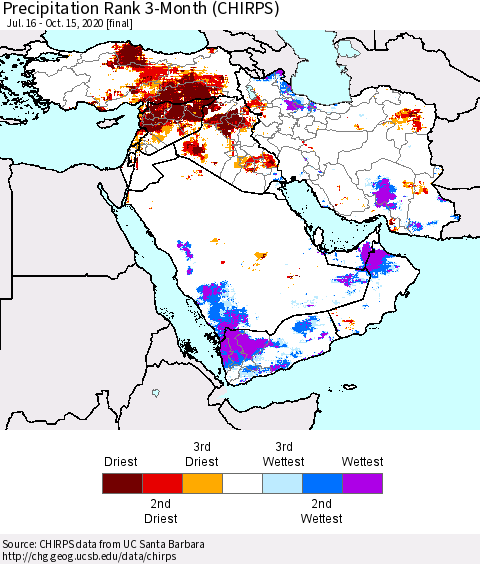 Middle East and Turkey Precipitation Rank since 1981, 3-Month (CHIRPS) Thematic Map For 7/16/2020 - 10/15/2020