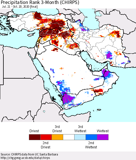 Middle East and Turkey Precipitation Rank since 1981, 3-Month (CHIRPS) Thematic Map For 7/21/2020 - 10/20/2020