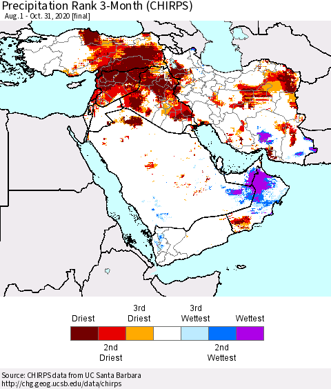 Middle East and Turkey Precipitation Rank since 1981, 3-Month (CHIRPS) Thematic Map For 8/1/2020 - 10/31/2020