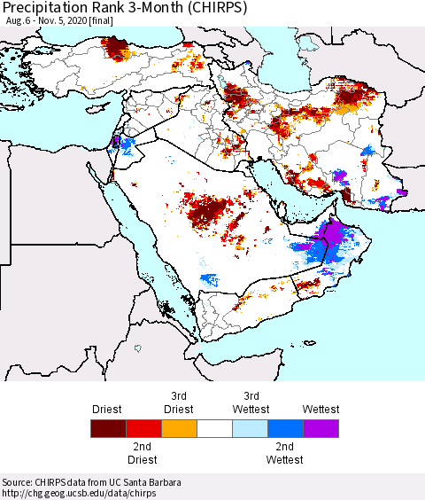 Middle East and Turkey Precipitation Rank since 1981, 3-Month (CHIRPS) Thematic Map For 8/6/2020 - 11/5/2020