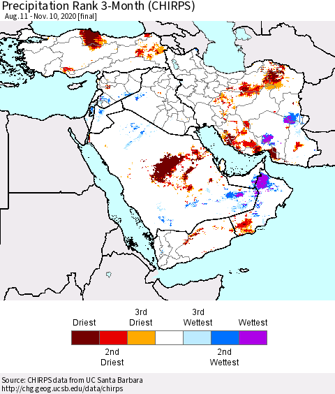Middle East and Turkey Precipitation Rank since 1981, 3-Month (CHIRPS) Thematic Map For 8/11/2020 - 11/10/2020